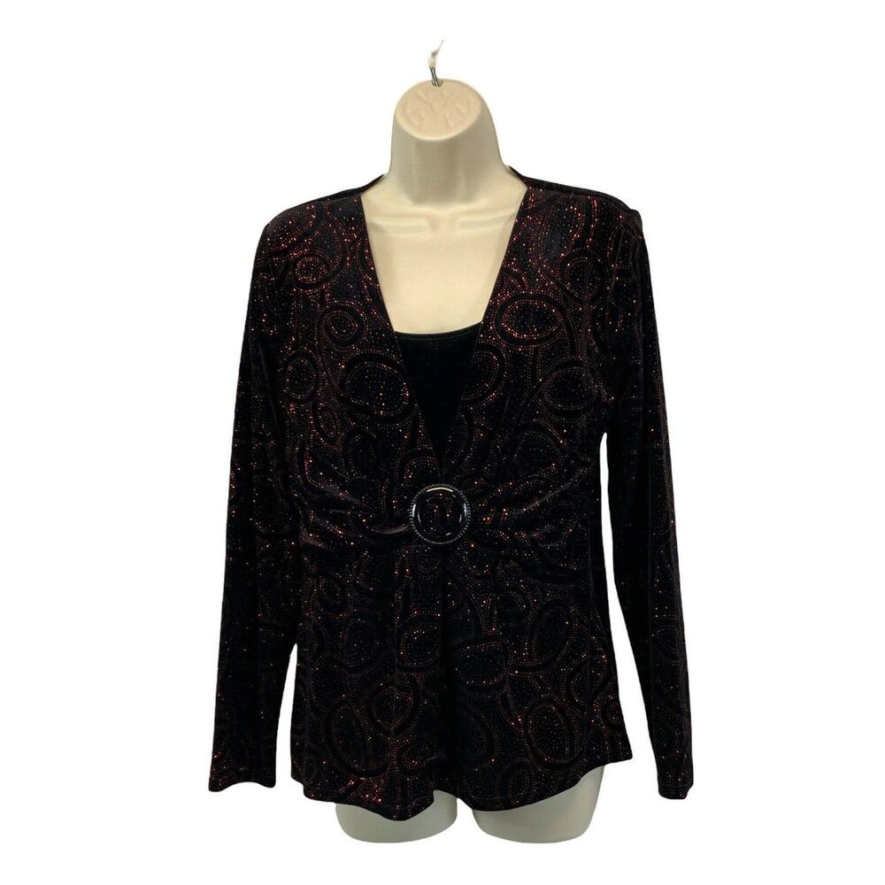 Notations Womens Long Sleeve Blouse Size Small Black Sparkly Stretch Festive